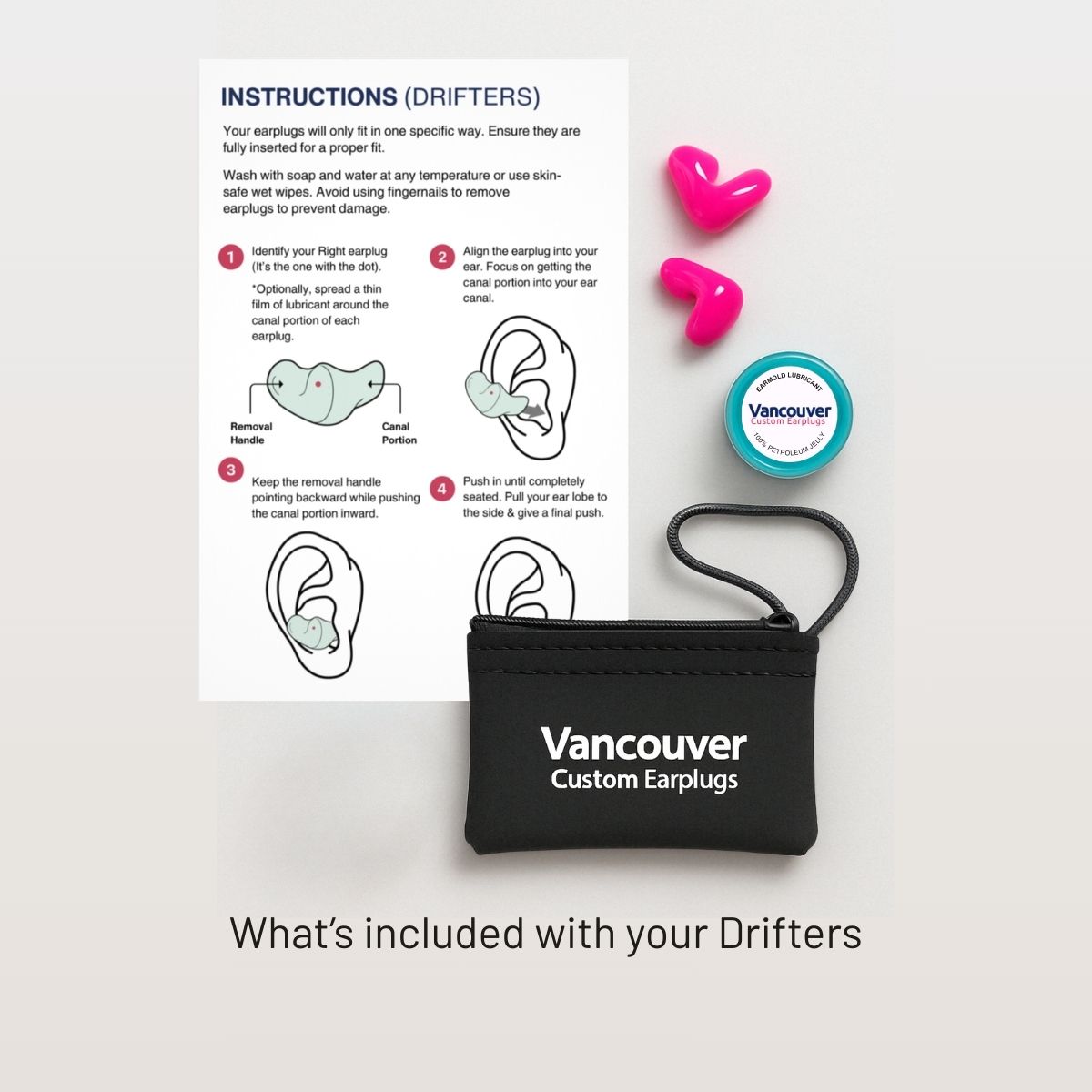 drifters-custom-sleep-earplugs-whats-included-accessories-packaging a black pouch with pink heart shaped ear plugs and a black pouch with white text