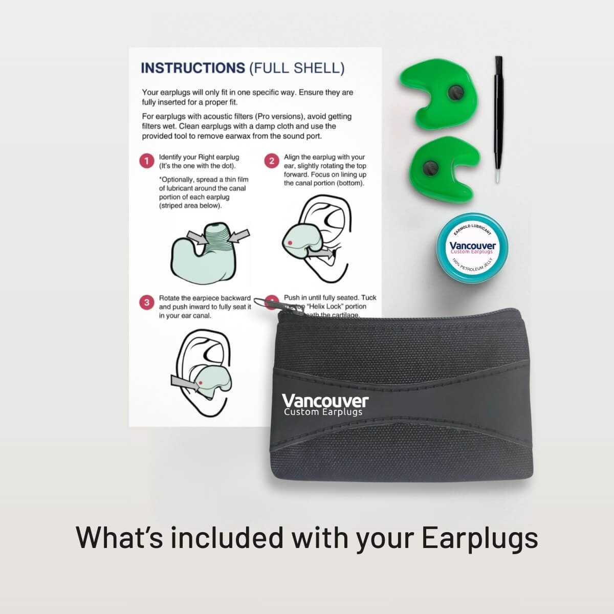 standard-filtered-style-custom-filtered-earplugs-whats-included-accessories-packaging a instructions and a diagram of a earplug