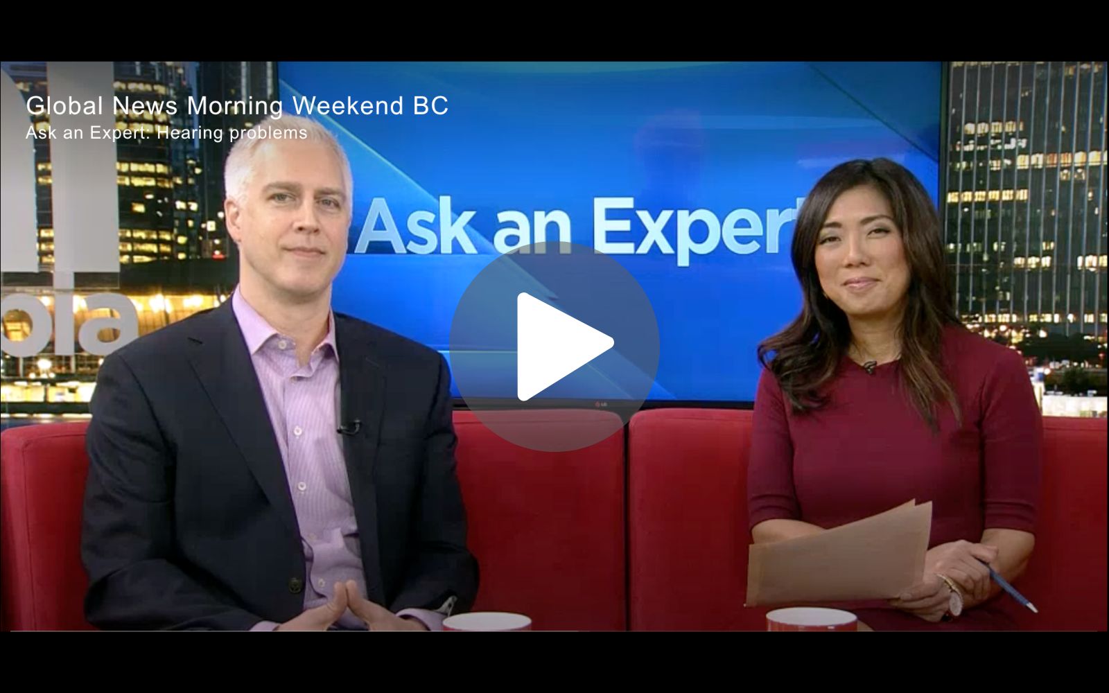 Jamie Larsen discussing hearing aids on Global BC’s Ask an Expert.
