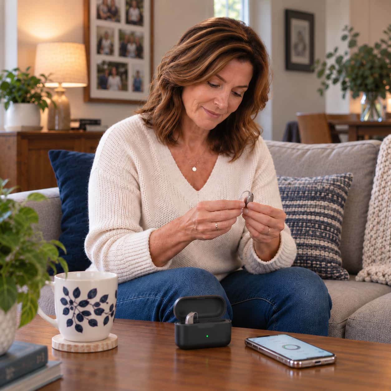 Woman setting up OTC hearing aids with a smartphone app and charging case at home