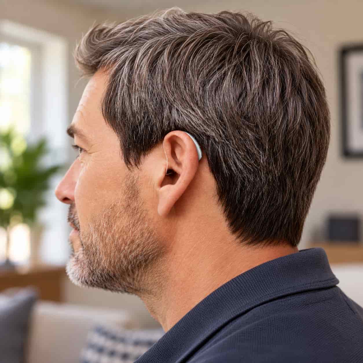 Man wearing a discreet behind-the-ear OTC hearing aid