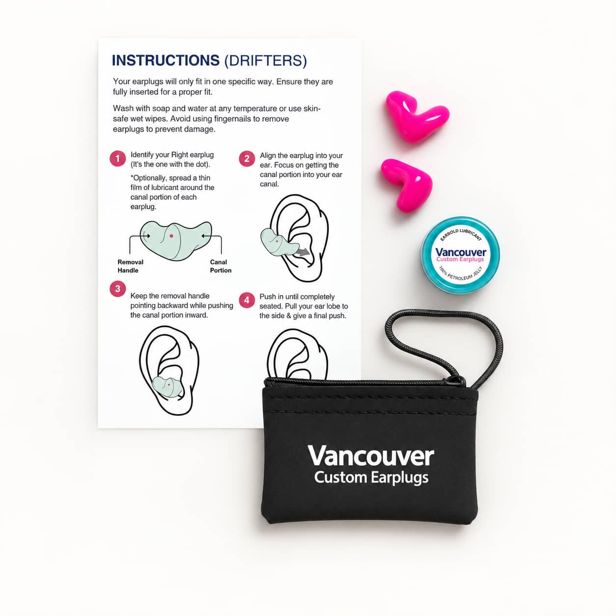 Earplugs and instructions for use.
